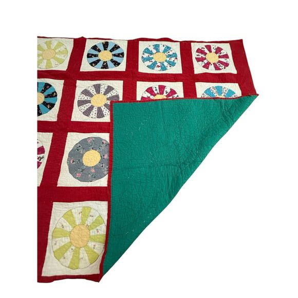 Antique Vintage Dresden Plate Quilt Red Sashing Hand Stitched 66x74” Patchwork - Picture 11 of 14